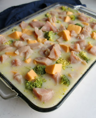chicken broccoli and rice casserole, everything raw, ready to bake