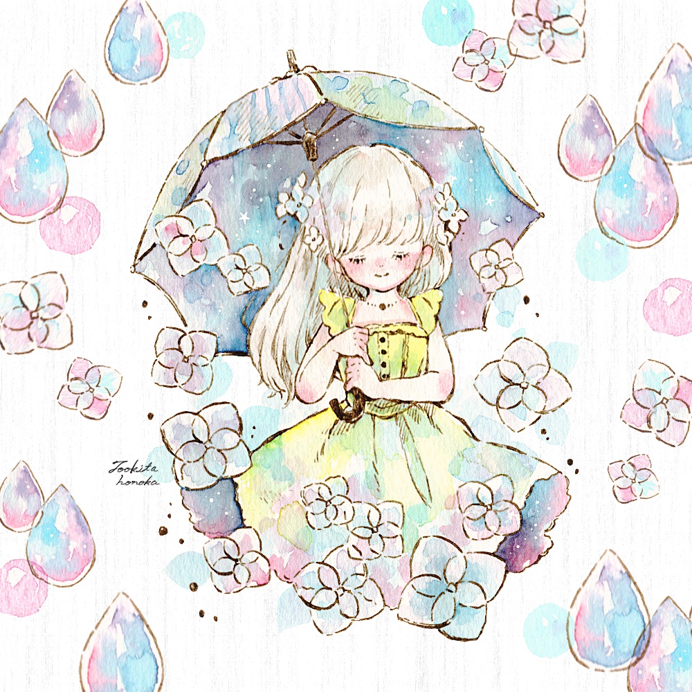 梅雨の紫陽花と傘をもつ女の子のキラキラかわいいオリジナルイラスト