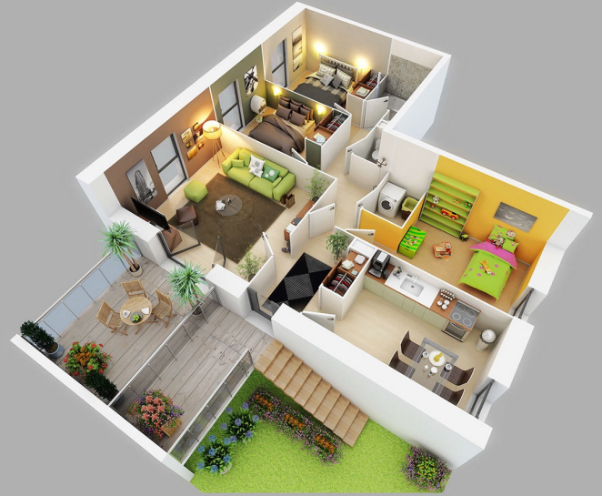 Modern Three Bedroom Floor Plans With 3d Dimensions Face