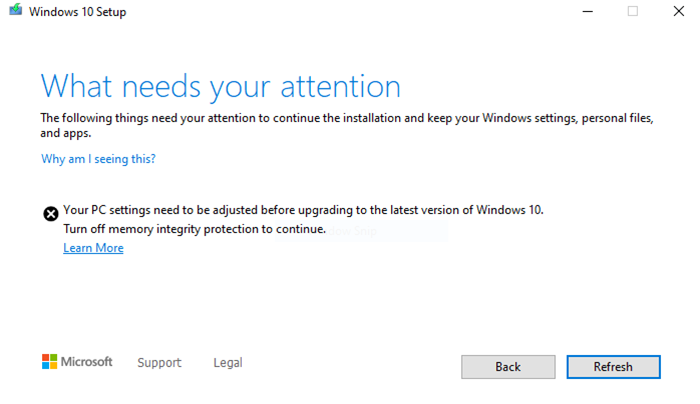 Désactivez la protection de l'intégrité de la mémoire pour continuer à mettre à jour Windows 10