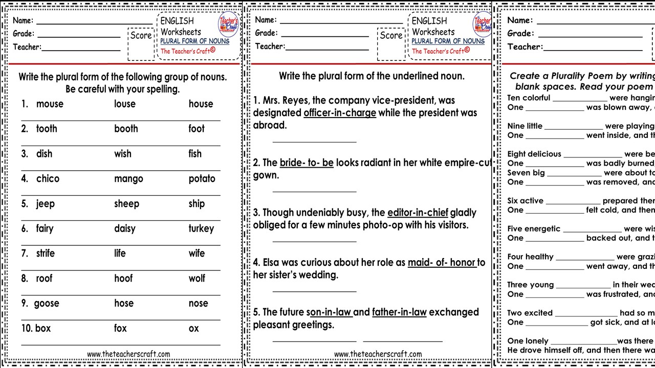 English Worksheets PLURAL FORM OF NOUNS The Teacher s Craft