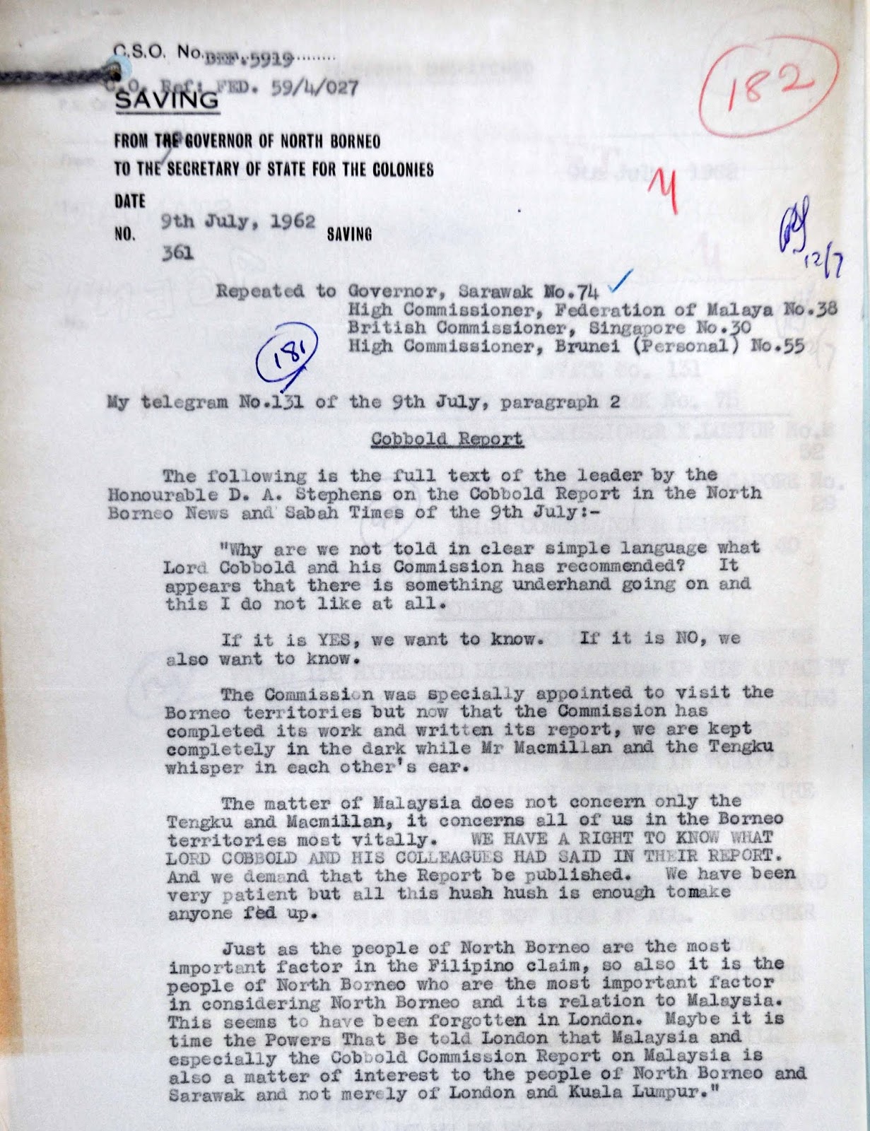 Cobbold Commission Report Republic of Sabah North Borneo RSNB