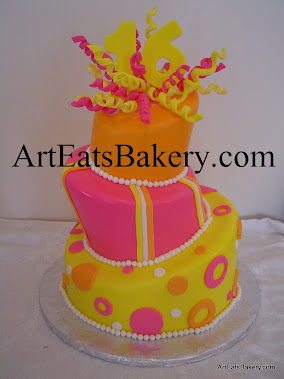Orange, pink and yellow mad hatter topsy turvy sweet 16 girl's custom unique birthday cake design i
