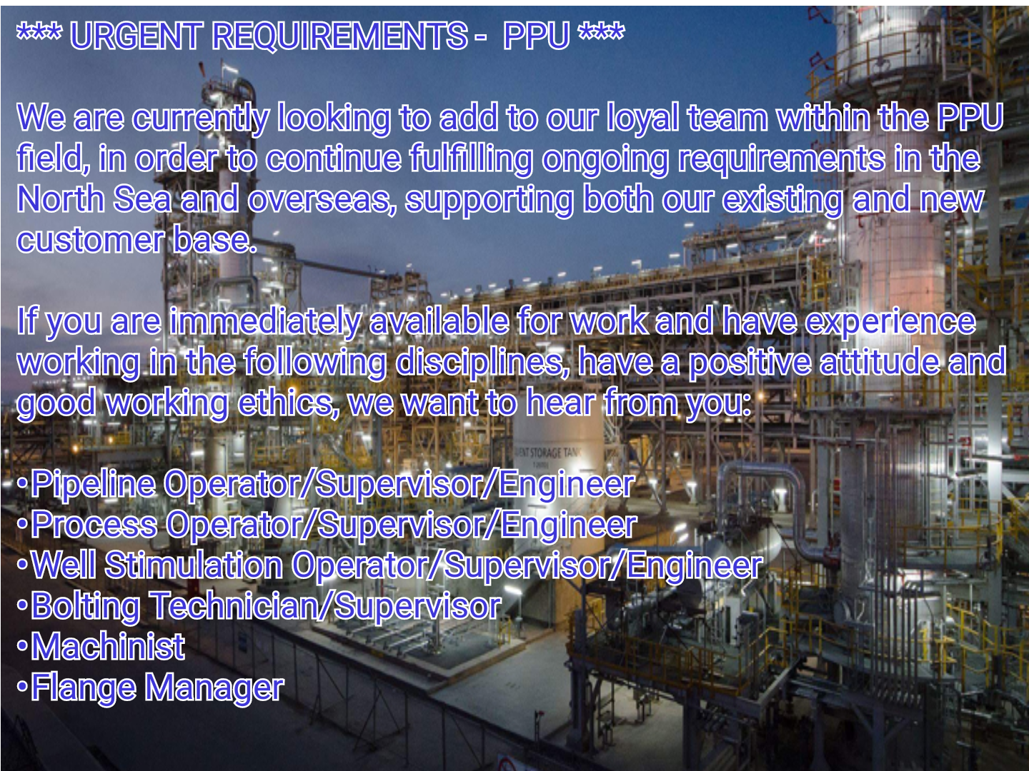 Pipeline Operator/Supervisor/Engineer, Process Operator/Supervisor/Engineer