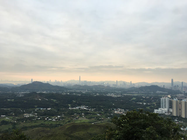 粉嶺蝴蝶山 上的風光，遠處的深圳市繁榮與香港的郊野呈強烈對比