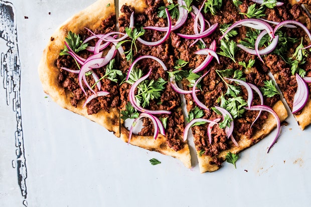 Spicy Lamb Pizza With Parsley–Red Onion Salad