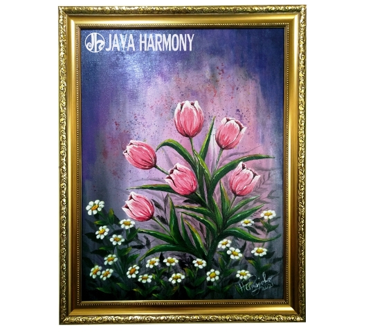 Lukisan Bunga Tulip Pink dan Bunga Krisan Putih
