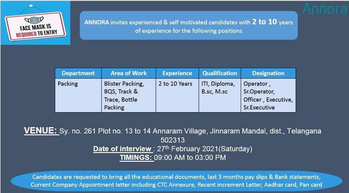 Annora Pharma jobs for Packing Department apply now