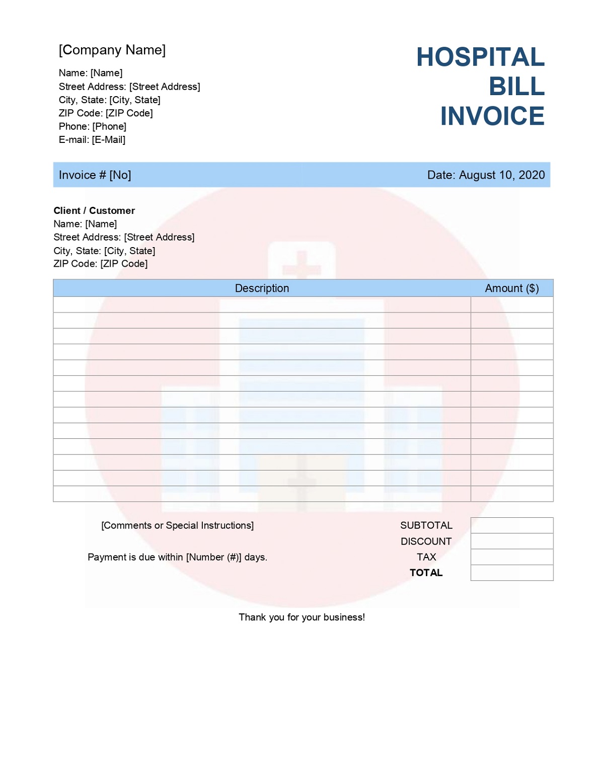 Hospital Bill Format Word - Invoice Template