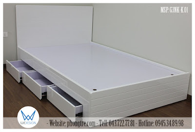 Giường ngủ soi kẻ ngang có 3 ngăn kéo G3NK-K.01 màu trắng