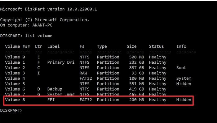 Diskpart отображает объем EFI