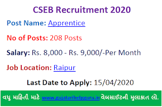 CSEB Recruitment 2020 for Apprentice 208 Posts