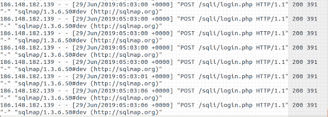logs de un servidor apache tras haber realizado un ataque sin utilizar protección de identidad con la herramienta sqlmap
