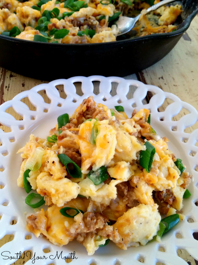 {Low Carb} Sausage Breakfast Scramble with sausage, eggs and cheese! Recipe also includes variations for Mexican and Italian breakfast scrambles as well.