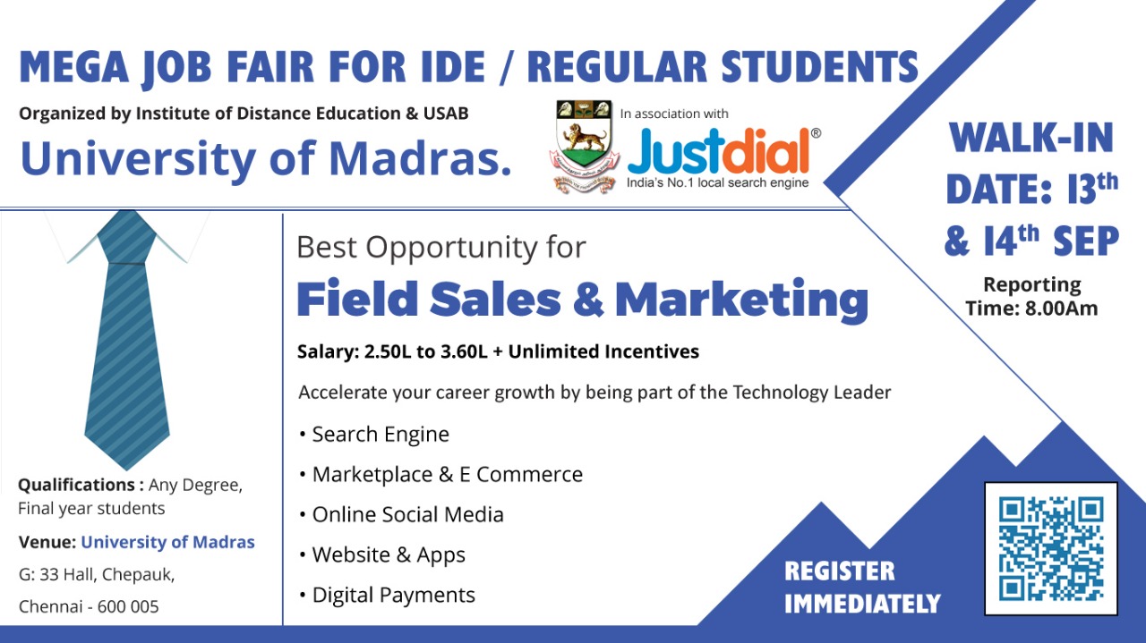 Madras University Mega Job Fair 2019 on 13th & 14th September 2019