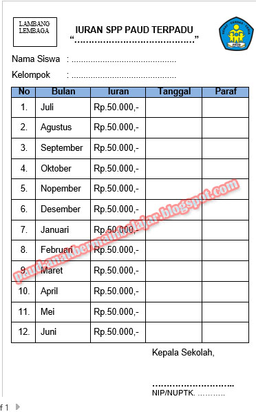 Contoh Kartu Iuran Sumbangan Pembayaran Spp Paud Tk Anak Paud Bermain Belajar