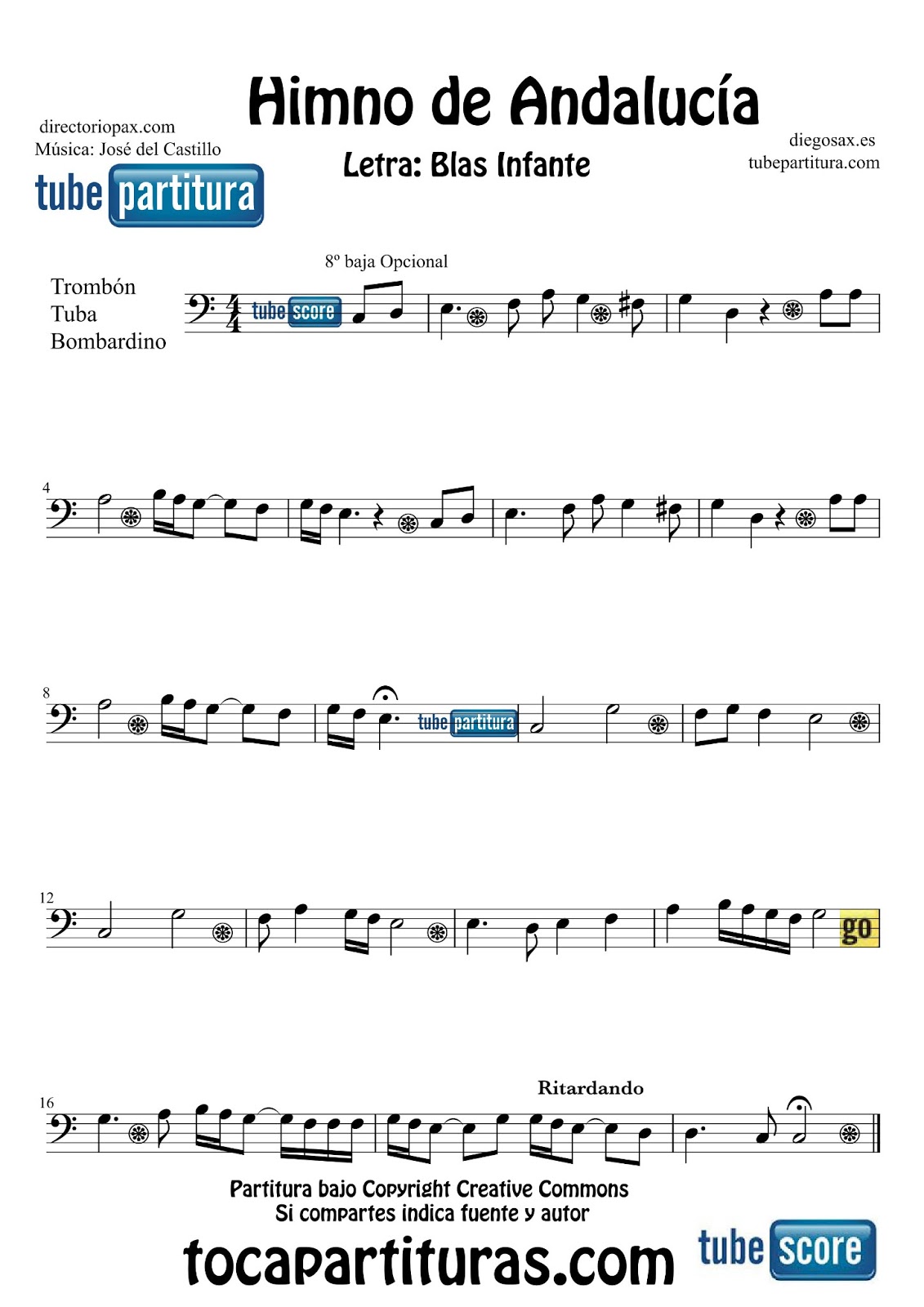 diegosax: El Himno de Andalucía Partitura para Violín, Saxofón Alto, Trompeta, Viola, Oboe, Clarinete, Saxo Tenor, Soprano, Trombón, Fliscorno, Violonchelo, Fagot, Barítono, Tuba Elicón y Corno Inglés. Música de José del