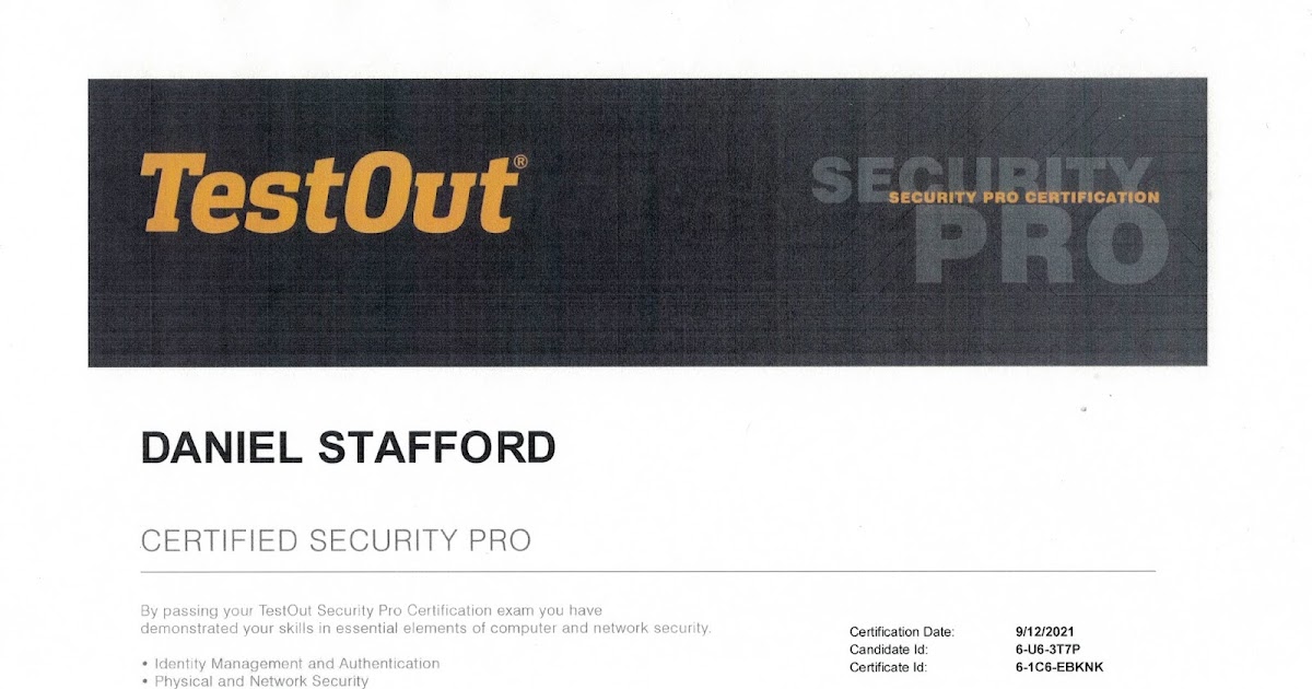Instructor Dan's I.T. Lessons TestOut Security Pro Certificate Earned