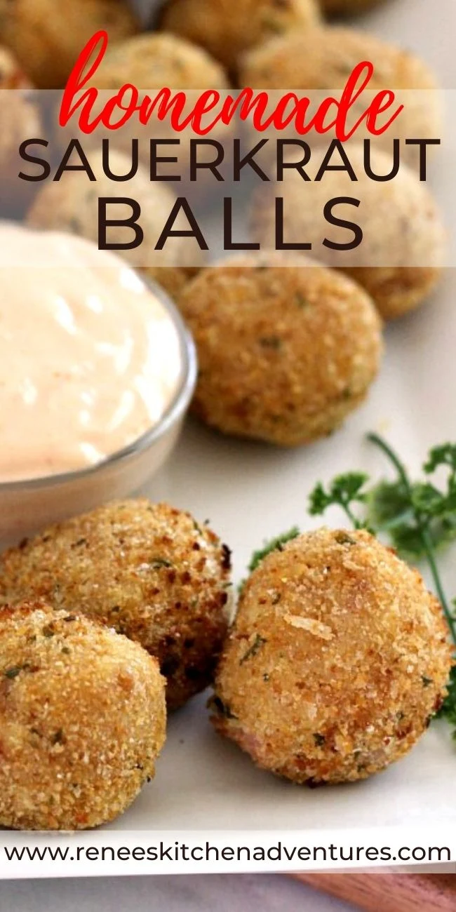 Pin for Pinterest with text and photos of sauerkraut balls