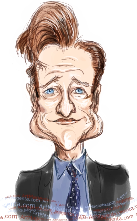 Conan O’Brien caricature cartoon. Portrait drawing by caricaturist Artmagenta