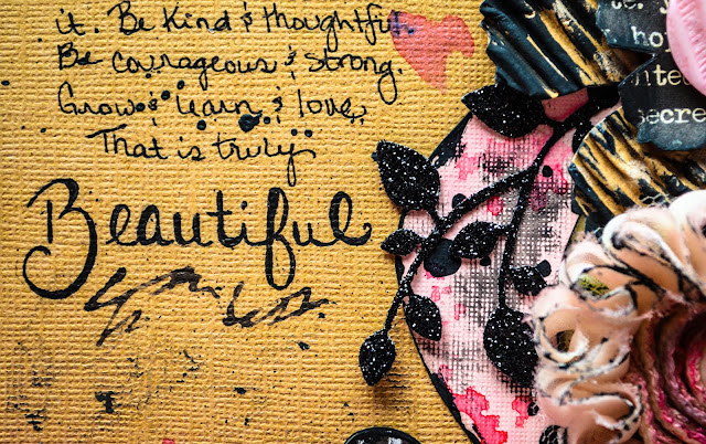 Be You{tiful}: True Beauty Mixed Media Scrapbook Page Layout by Carrie Williams - Dearzae.com Beauty mixed media scrapbooking page layout with heat embossed chipboard, washi tape, polka dots, die cuts, in contemporary grunge style