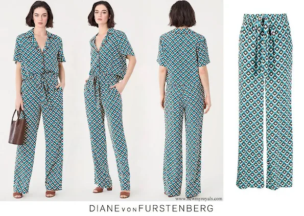 Queen Mathilde wore a DVF Diane von Furstenberg Denise Diamond Squares wide-leg crepe trousers