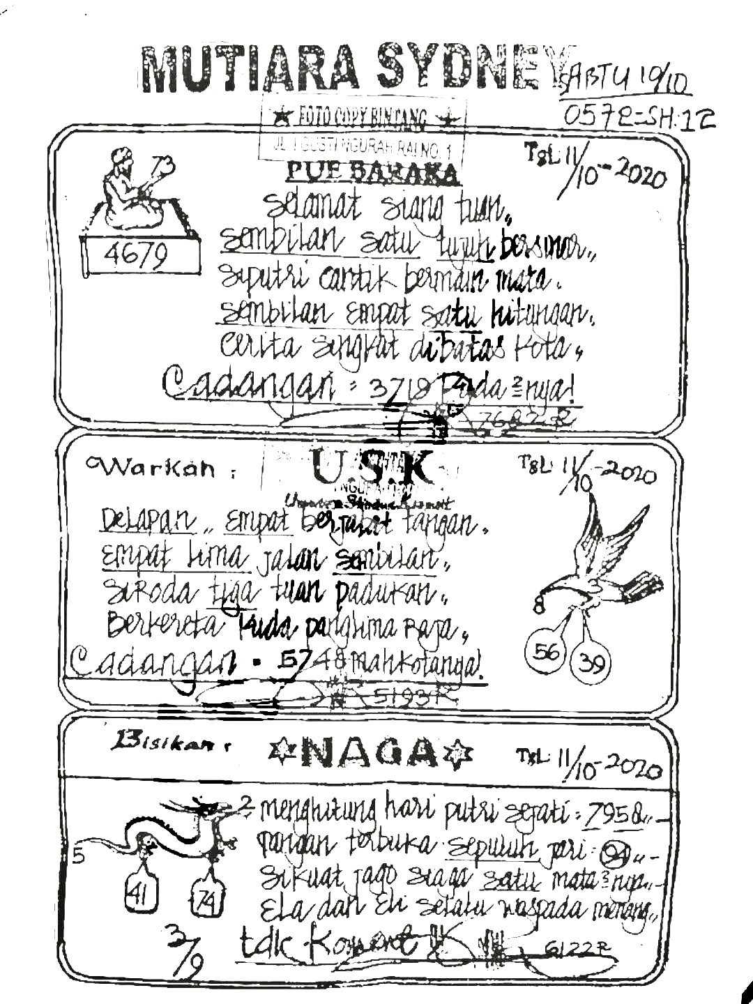 Kode Sydney Minggu 11 Oktober 2020