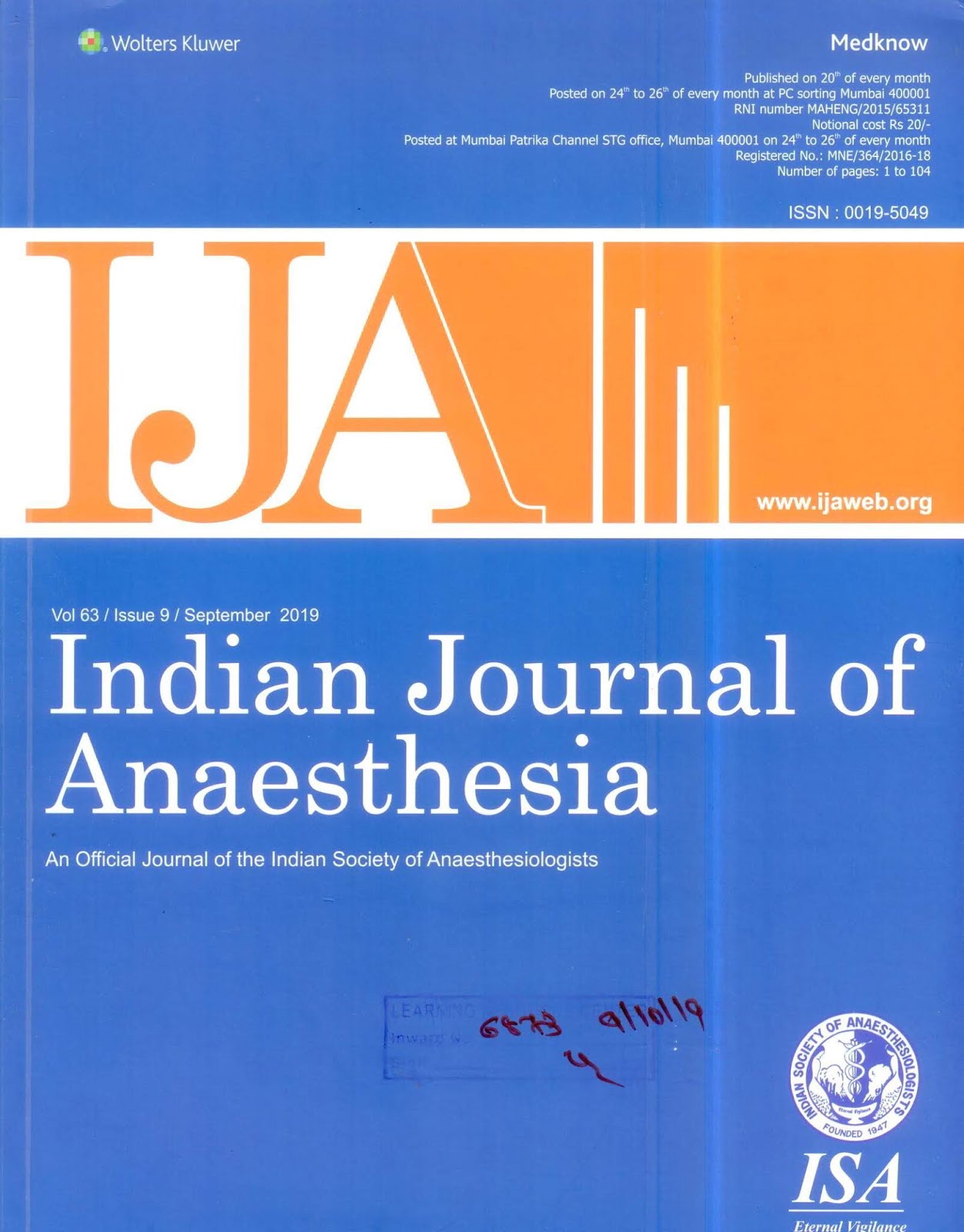 http://www.ijaweb.org/showBackIssue.asp?issn=0019-5049;year=2019;volume=63;issue=9;month=September