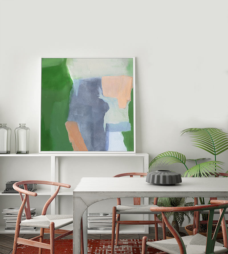 Artwork by Vivian Caits styled in dining room