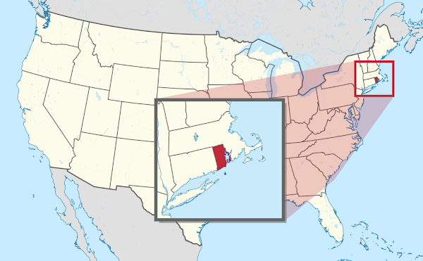 Map of Rhode Island state's location within the US: A very small state nestled in among the country's far northeast along the Atlantic Coast