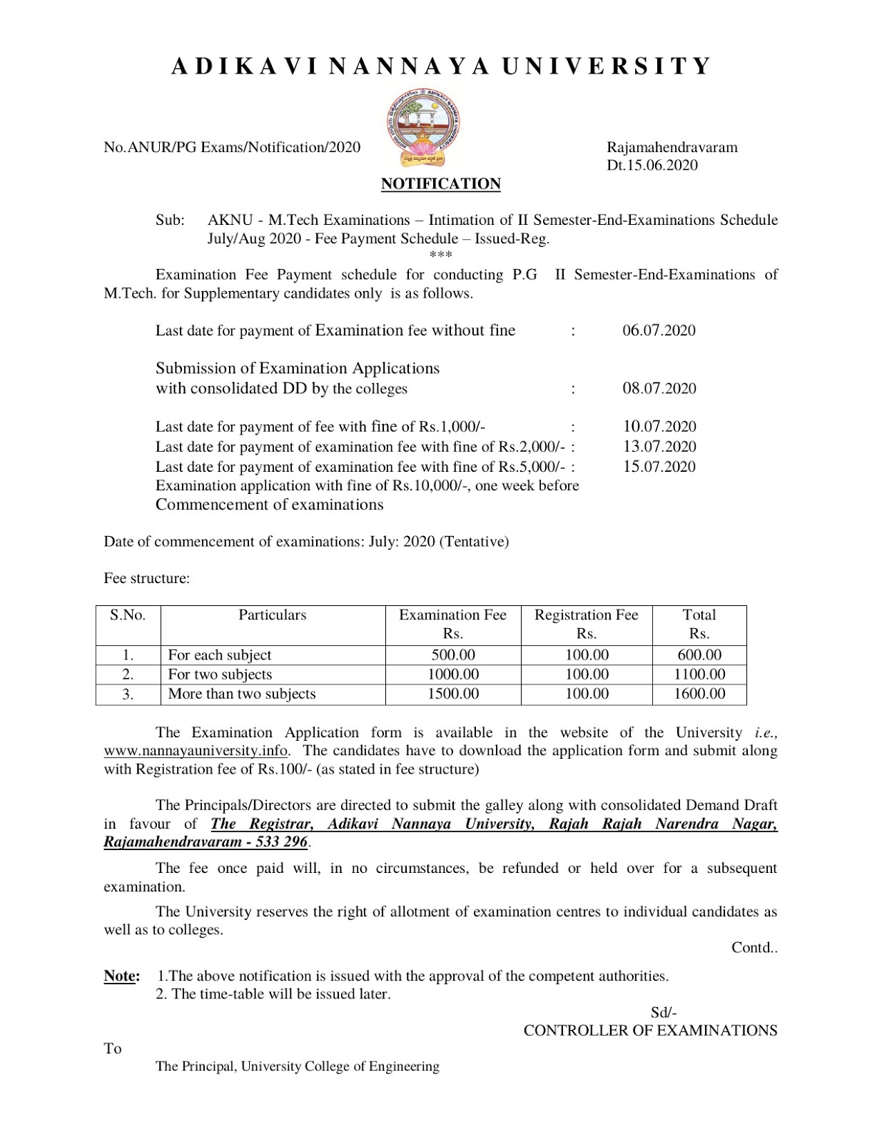 adk nannaya university pg m.tech 2nd sem backlog july 2020 exam fee notification