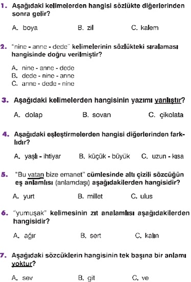 2. Sinif Türkçe Test Çalişmasi - Ders ve Çalışma Kitabı Cevapları