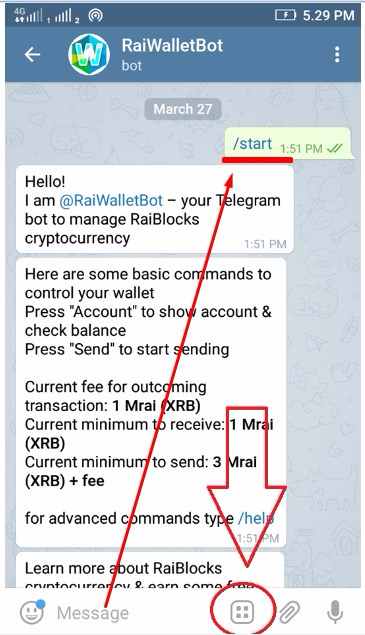 menu " start " tampilan aplikasi telegram @RaiWalletBot - godosome.net
