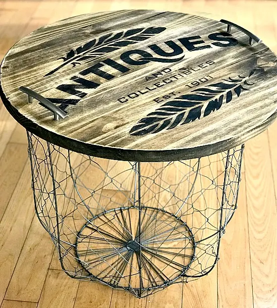 Wooden tray on top of metal basket