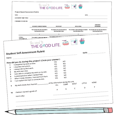 Two assessment rubrics--one a student self-assessment and the other a project-based assessment--stacked on top of each other alongside a pencil.