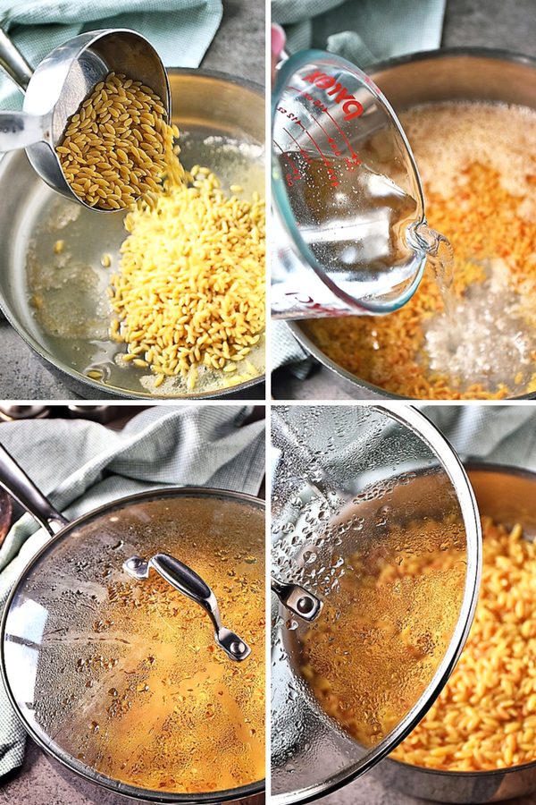 Photo collage of how to make orzo pasta. Top left photo is adding uncooked orzo to butter in skillet. Top right photo is adding chicken stock/water mix to skillet. Bottom left photo is skillet with lid on cooking orzo pasta. Bottom right photo is removing lid when orzo pasta is cooked.