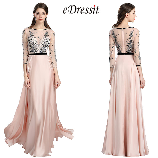 Pink & Black Embroidery Long Dress with Sleeves 