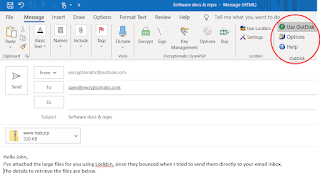 OutDisk SFTP add-in installed in MS Outlook 365 menu system.