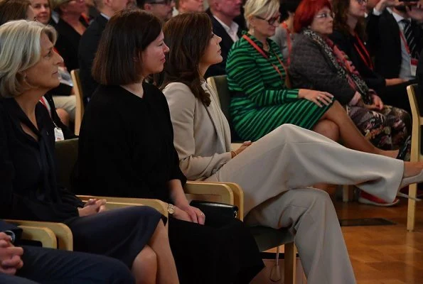 Princess carries Prada bag. Crown Princess Mary wore Massimo Dutti Pantsuit and Isabel Marant blouse