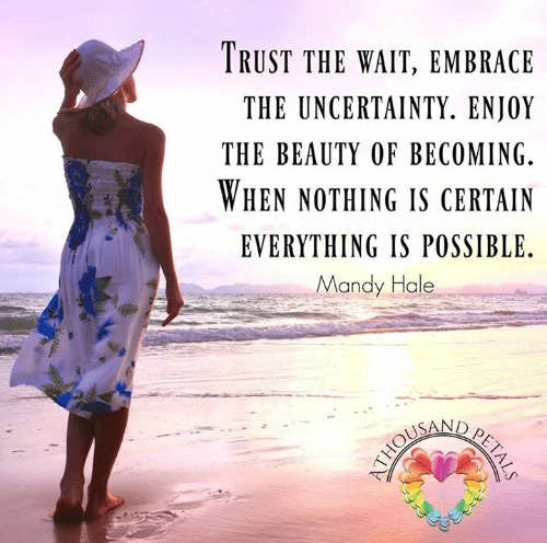 Trust the wait. Embrace the uncertainty. Enjoy the beauty of becoming. When nothing is certain, anything is possible. Mandy Hale #lifequotes