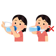 マスクをめくって・あごにかけて水分補給をする人のイラスト（女性）