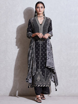 Ritu Kumar Black Lvory Printed suit Front