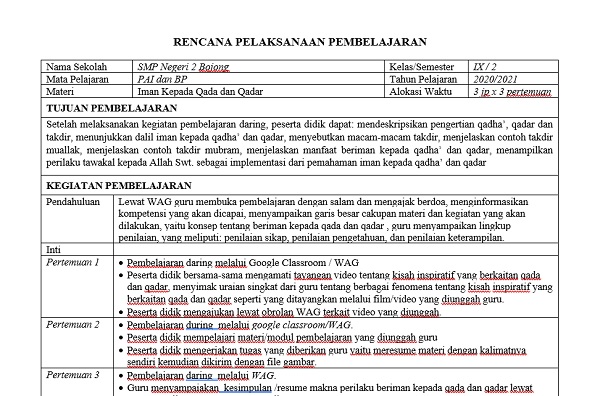 RPP PAI Kelas 9 Semester 2 Tahun 2020/2021, Materi Iman