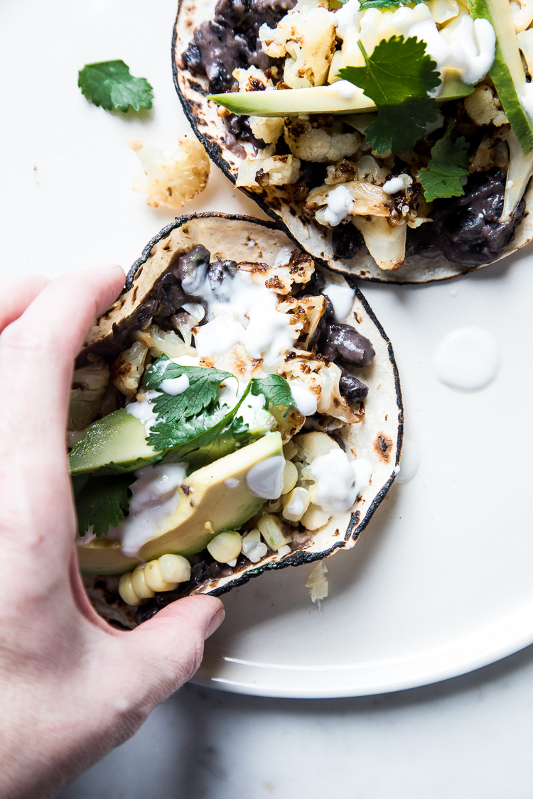 Flourishing Foodie Roasted Cauliflower, Corn, and Black Bean Tacos