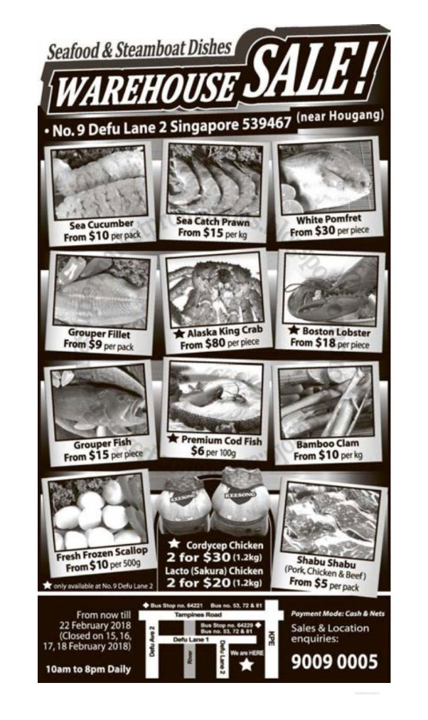 Seafood & Steamboat Dishes Warehouse Sale! 02 22 February 2018