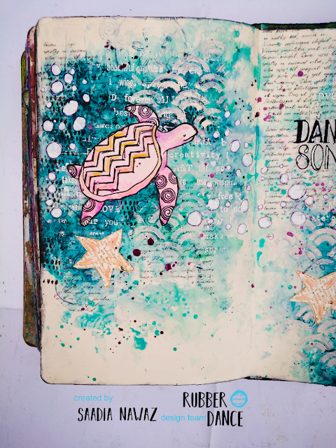 A journal spread with Textured Sea creatures by Saadia Nawaz