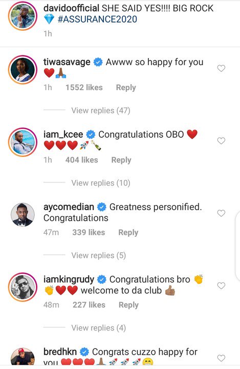 Tiwa Savage, Peter Okoye, Wizkid Baby Mama, Others React As Davido Proposes To Chioma
