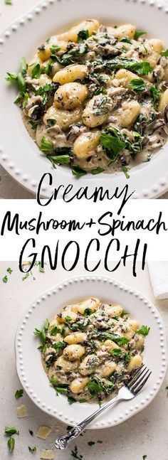 This creamy mushroom and spinach gnocchi is a restaurant-worthy dinner made in one pan and ready in less than 30 minutes! White wine and parmesan cheese make this sauce amazing!