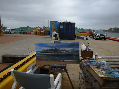 oil painting of Goat Island from Moore's Wharf, Millers Point by artist Jane Bennett