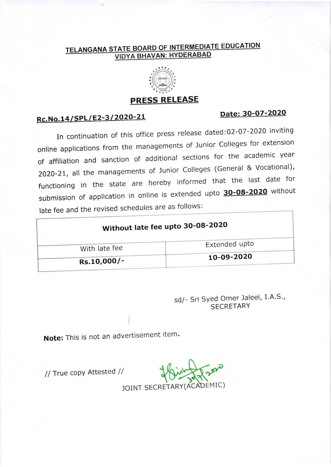 Telangana Intermediate Board Submission of Application Late Fee Notification